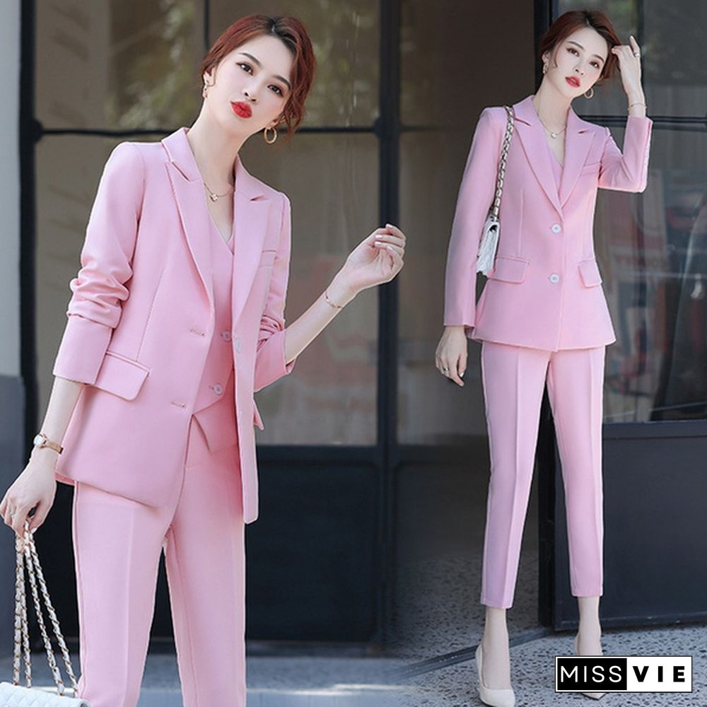 3 Piece Set Women Suits Elegant Ol Slim Blazer Suit+Double Breasted Vest+High Waist Skinny Ankle Length Pants Outfit Sets