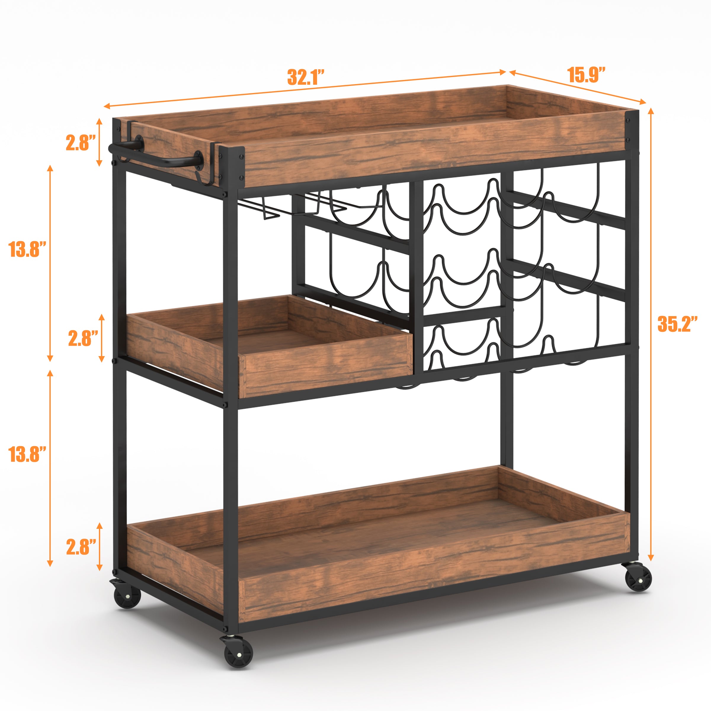 NSdirect 3-Tier 35.2'' Rolling Bar Cart， Industrial Mobile Kitchen Serving Trolley Cart with Wheels， Wine Rack， Glass Holder， Open Shelf， Removable Tray and Handles， Rustic Brown