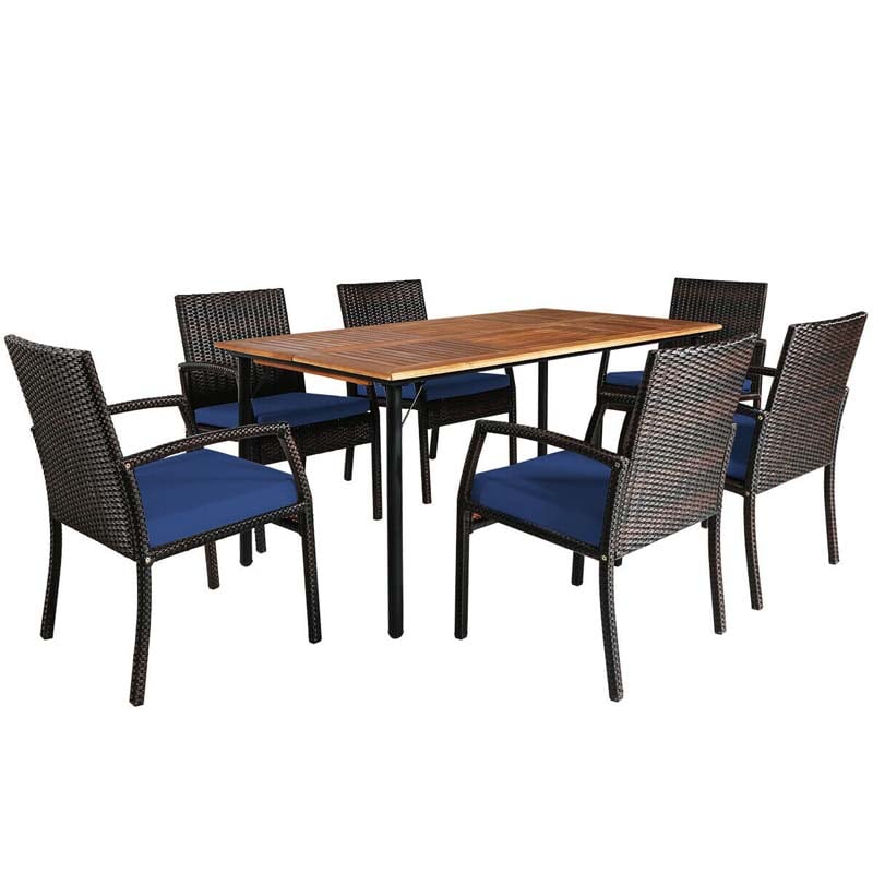 7 Pcs Rattan Patio Dining Set with Umbrella Hole, Acacia Wood Tabletop, Cushioned Chairs