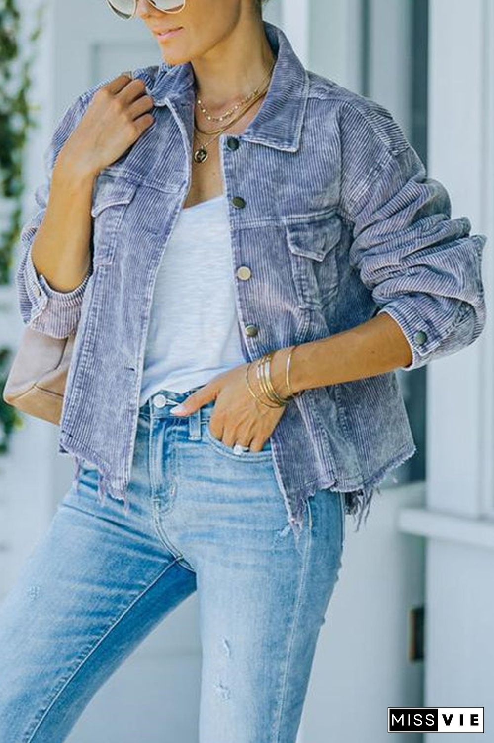 Frayed Hem Cropped Corduroy Jacket