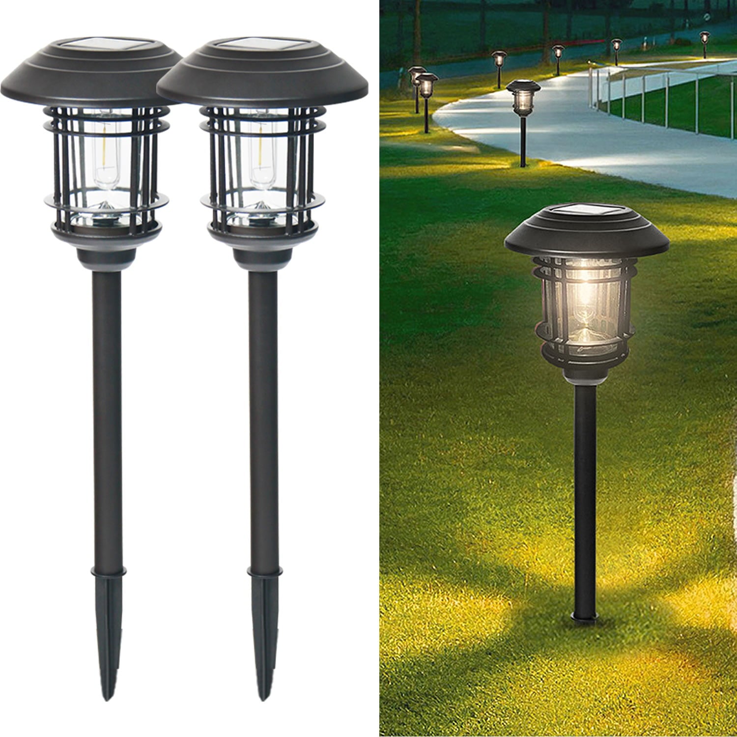 Solar Pathway Lights 2 Pack， Outdoor Garden Landscape Lights Waterproof Auto On/Off Stainless Steel Glass for Yard Patio Driveway - Warm White