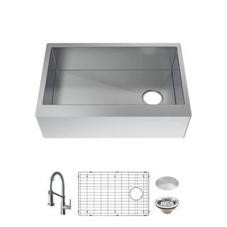 Glacier Bay Professional 30 in All-in-One FarmhouseApron-Front 16G Stainless Steel Single Bowl Kitchen Sink with Spring Neck Faucet FSUZAS3021A1SA1