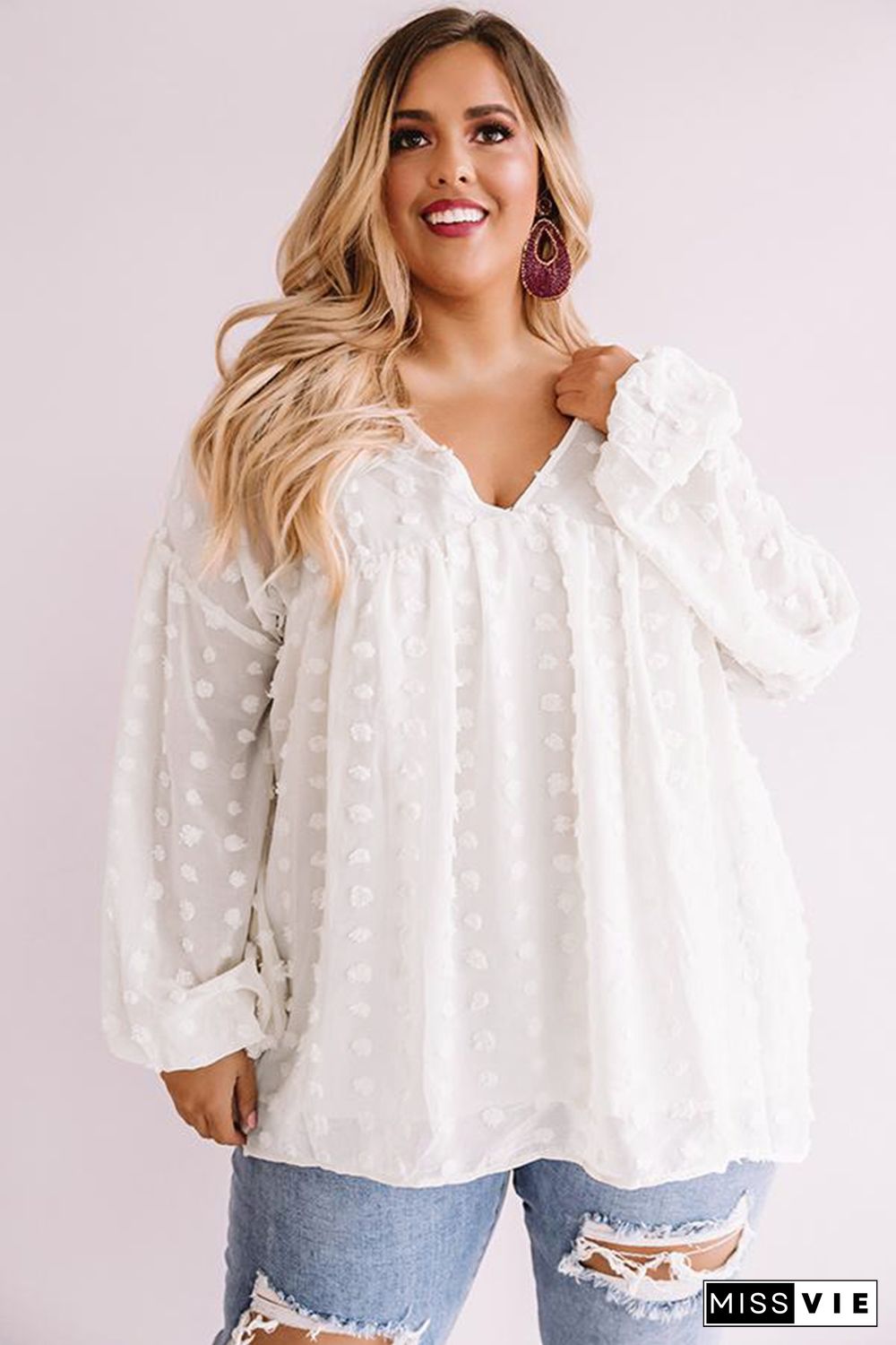 White V Neck Lantern Sleeve Swiss Dot Plus Size Blouse