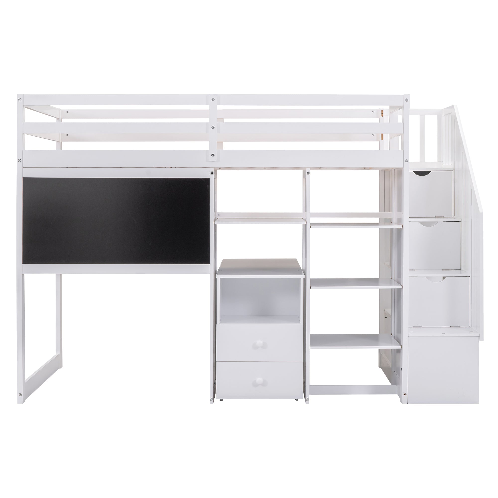 Pine Wood Loft Bed with Storage Staircase, Desk, Drawers and Blackboard for Kids, Twin, White