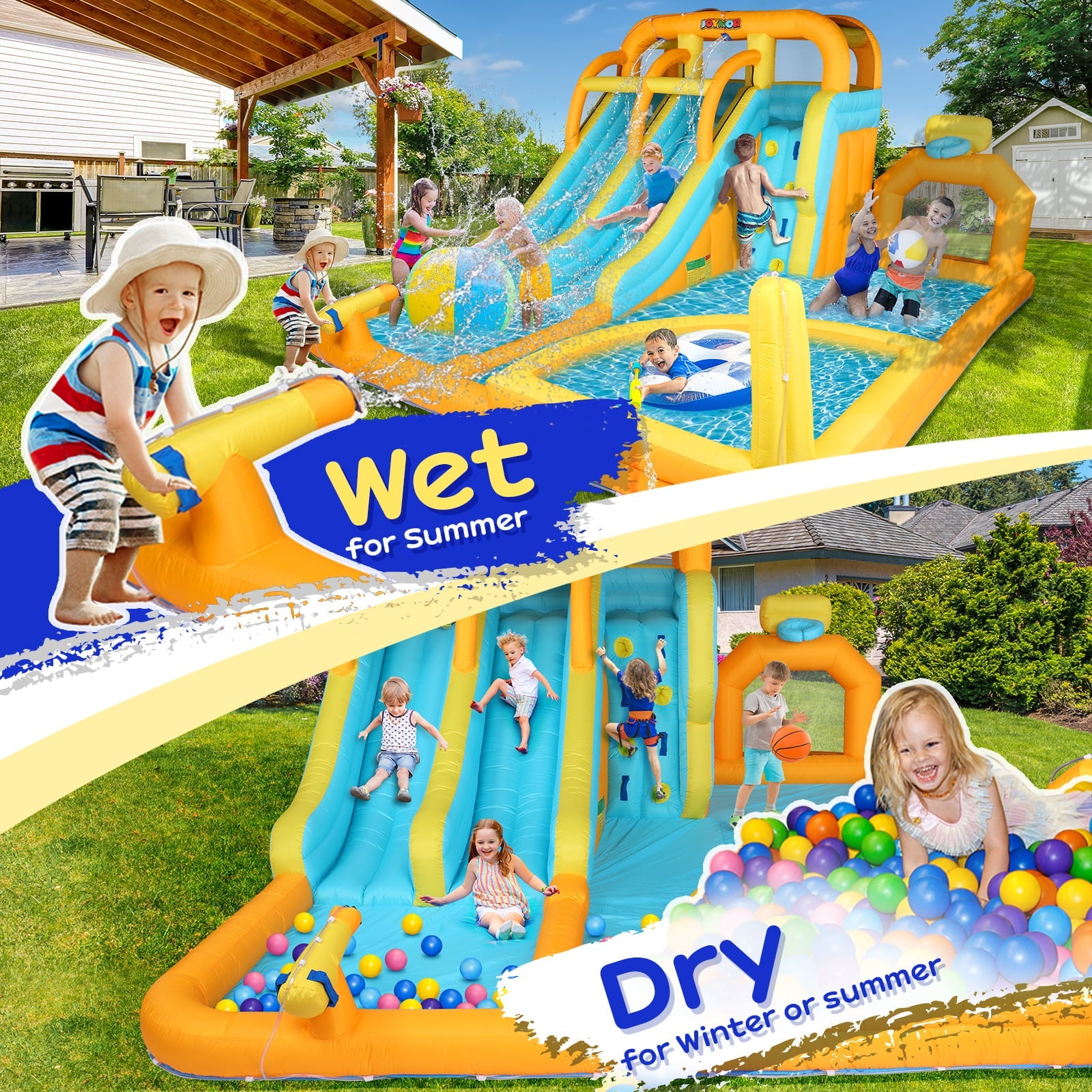 JOYMOR 8-in-1 Inflatable Water Slide Park w/ Splash & Deep Pool, Double Long Water Slides, Climbing Wall, Giant Blow up Bounce House for Kids  Backyard Party Age 3-12 (Included 750w Blower)