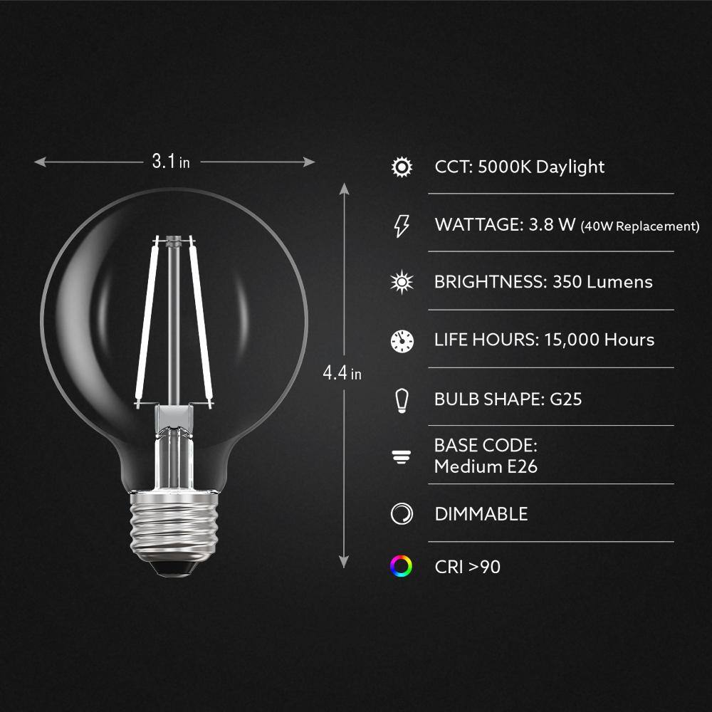 Feit Electric 40-Watt Equivalent G25 Dimmable White Filament CEC Clear Glass LED Globe Light Bulb Daylight 5000K (3-Pack) G2540950CAWFILHDRP3