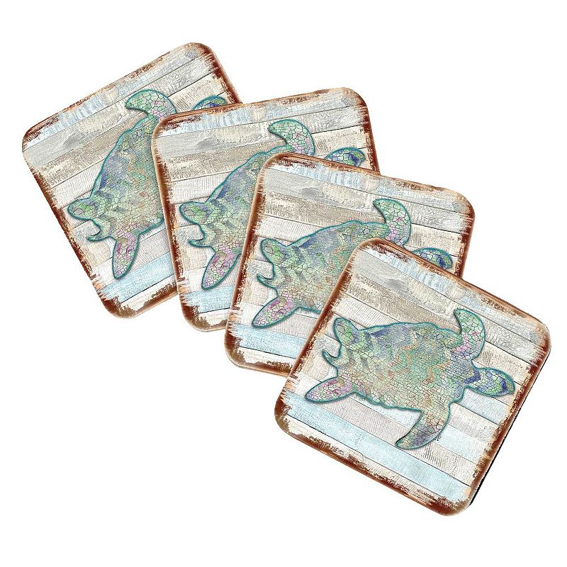 Sea Turtle Coastal Wooden Cork Coasters Gift Set of 4 by Nature Wonders