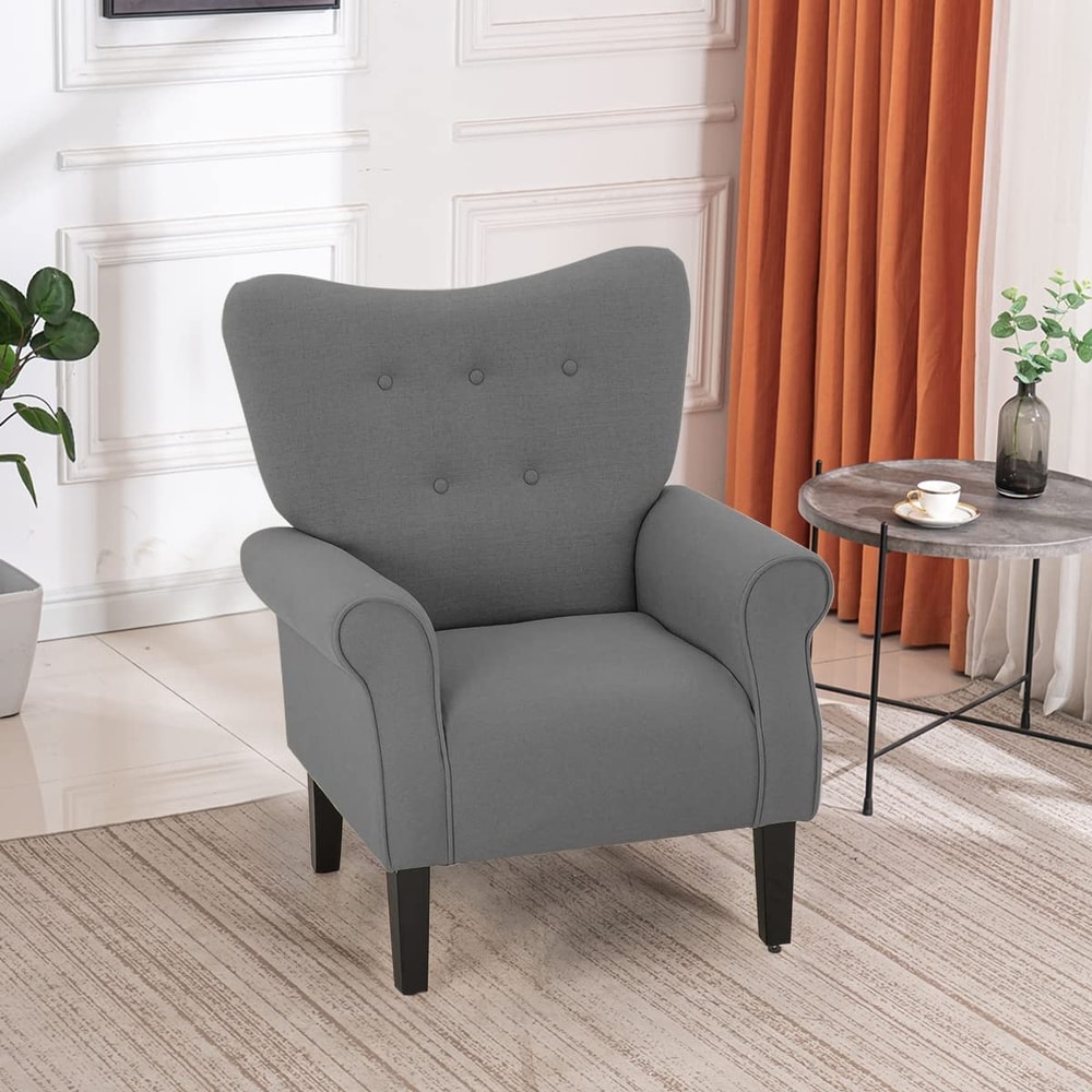 Erommy Modern Accent Chair  High Back Armchair  Upholstered Fabric Button Single Sofa with Wooden Legs for Living Room