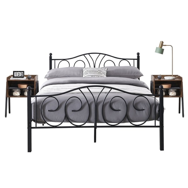 Taomika 3-Pieces Modern Black Metal Bed Frame and Brown Nightstand Sets - - 35206951