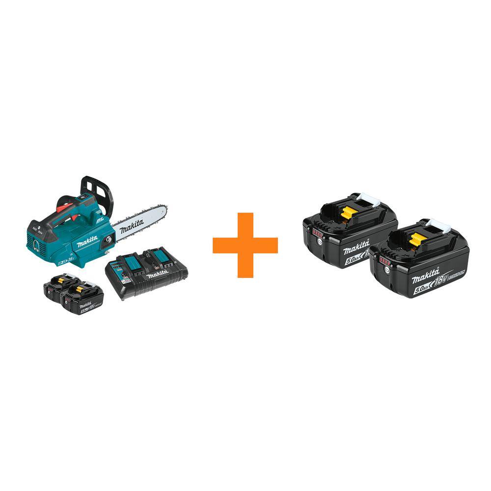 Makita LXT 14 in. 18V X2 (36V)Lithium-Ion Brushless Top Handle Chain Saw Kit (5.0Ah) w Bonus 18V LXT Battery Pack 5.0Ah(2-Pk) XCU08PTBL1850B2