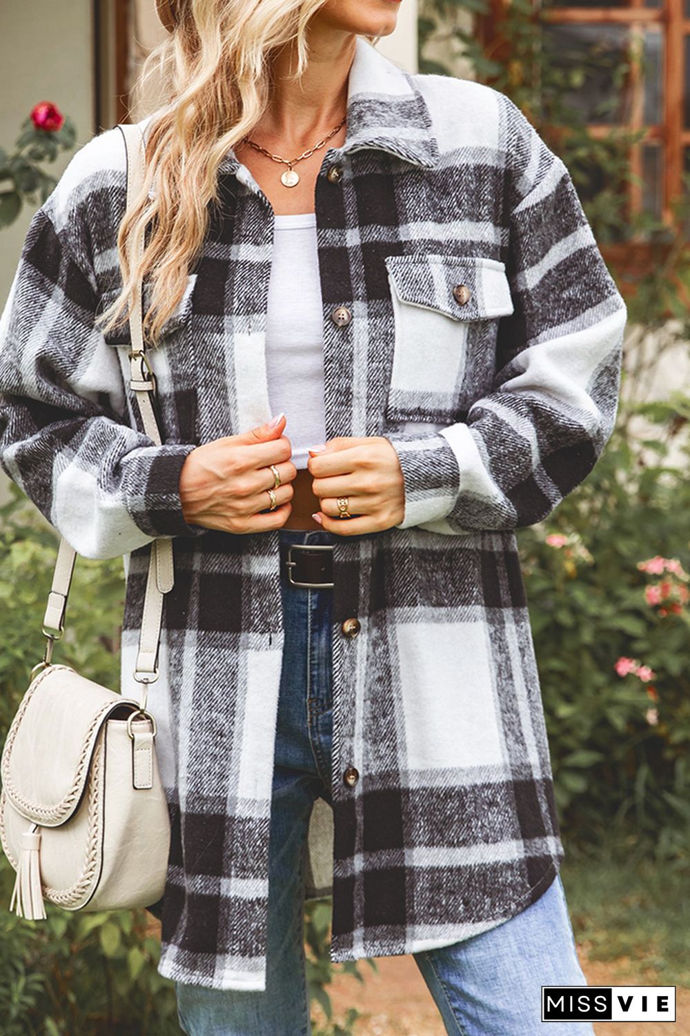 Button Pockets Plaid Shacket Jacket