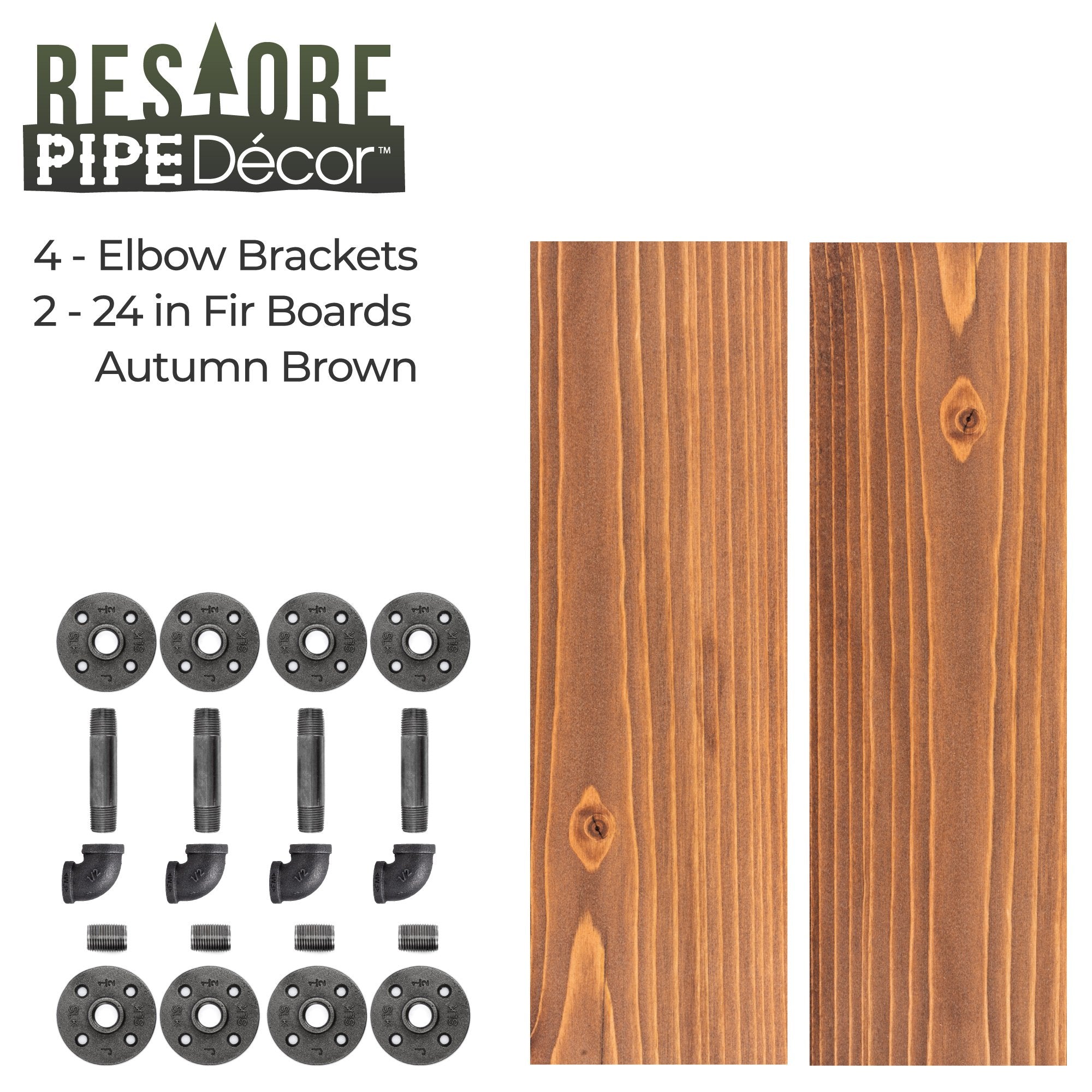 24 in. x 7.5 in. x 6.75 in. Autumn Brown Restore Wood Wall Shelving with Industrial Steel Pipe L- Brackets