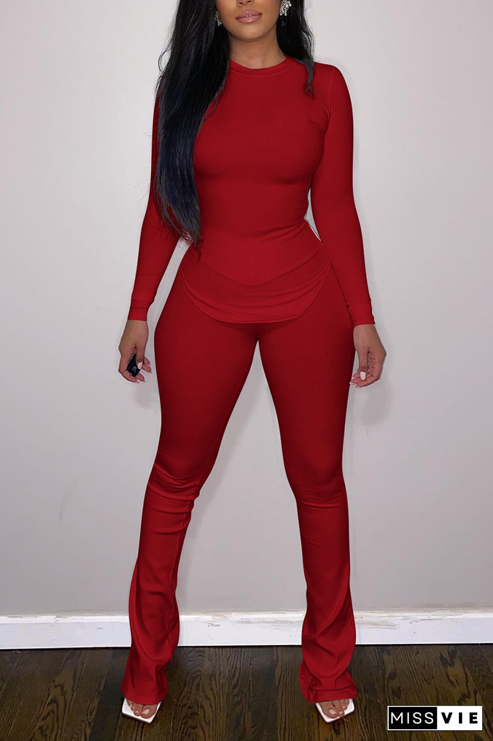 Solid Ribbed Curved Hem Top & Flare Pants Set