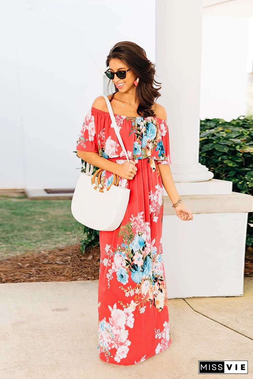 Red Slash Neck Floral Maxi Dress