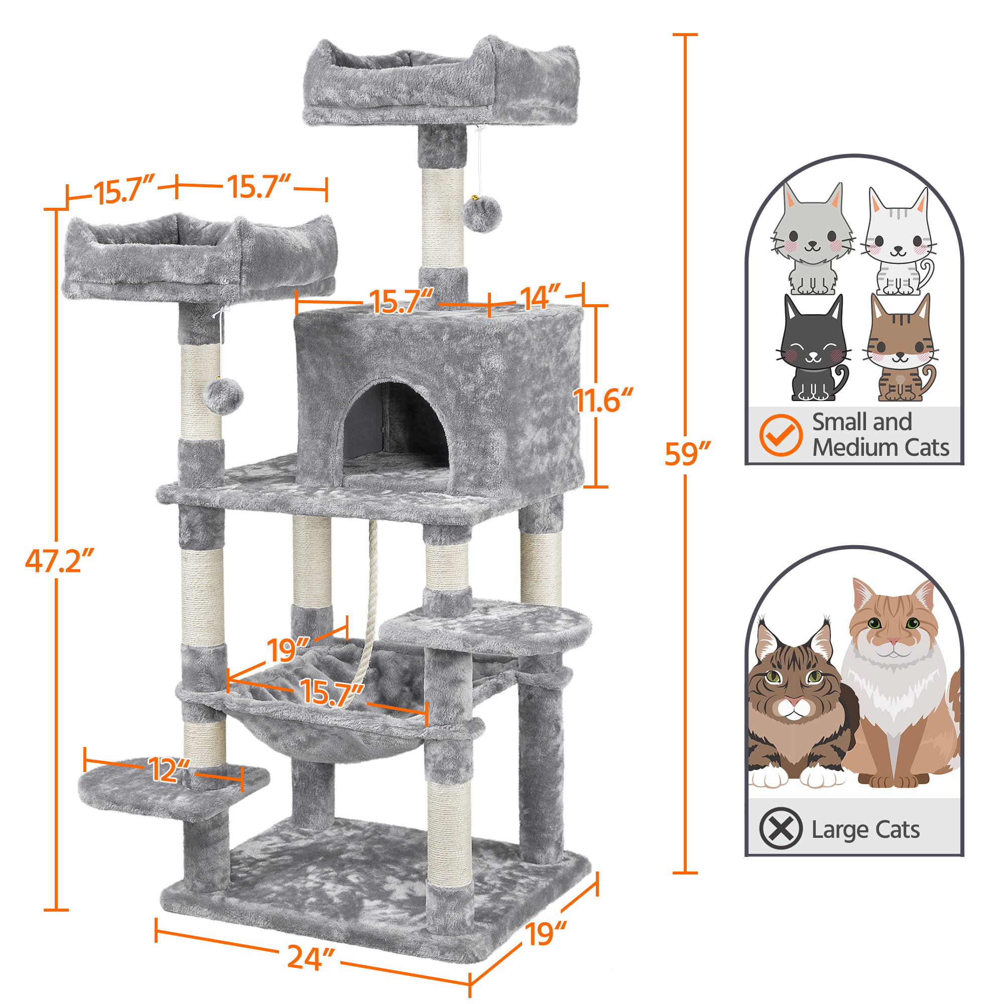 Topeakmart Light Gray Large Cat Tree with 2 Plush Perches， 59