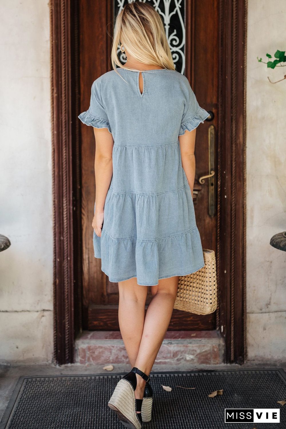 Sky Blue Ruffled Short Sleeves Tiered Denim Dress