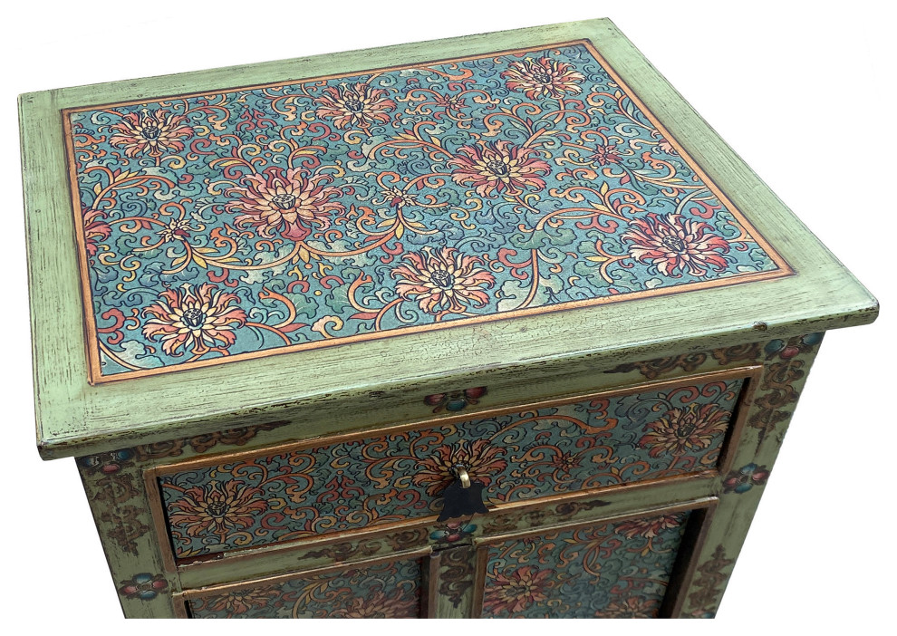 Distressed Pastel Green Turquoise Tibetan Floral End Table Nightstand Hcs7517   French Country   Side Tables And End Tables   by Golden Lotus Antiques  Houzz