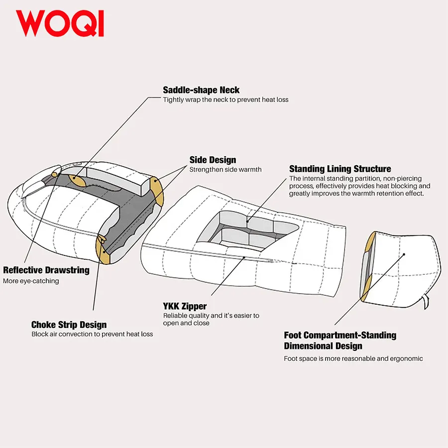 WOQI ultra light and compact portable hiking camping sleeping bag  filled with 800g high quality down sleeping bag