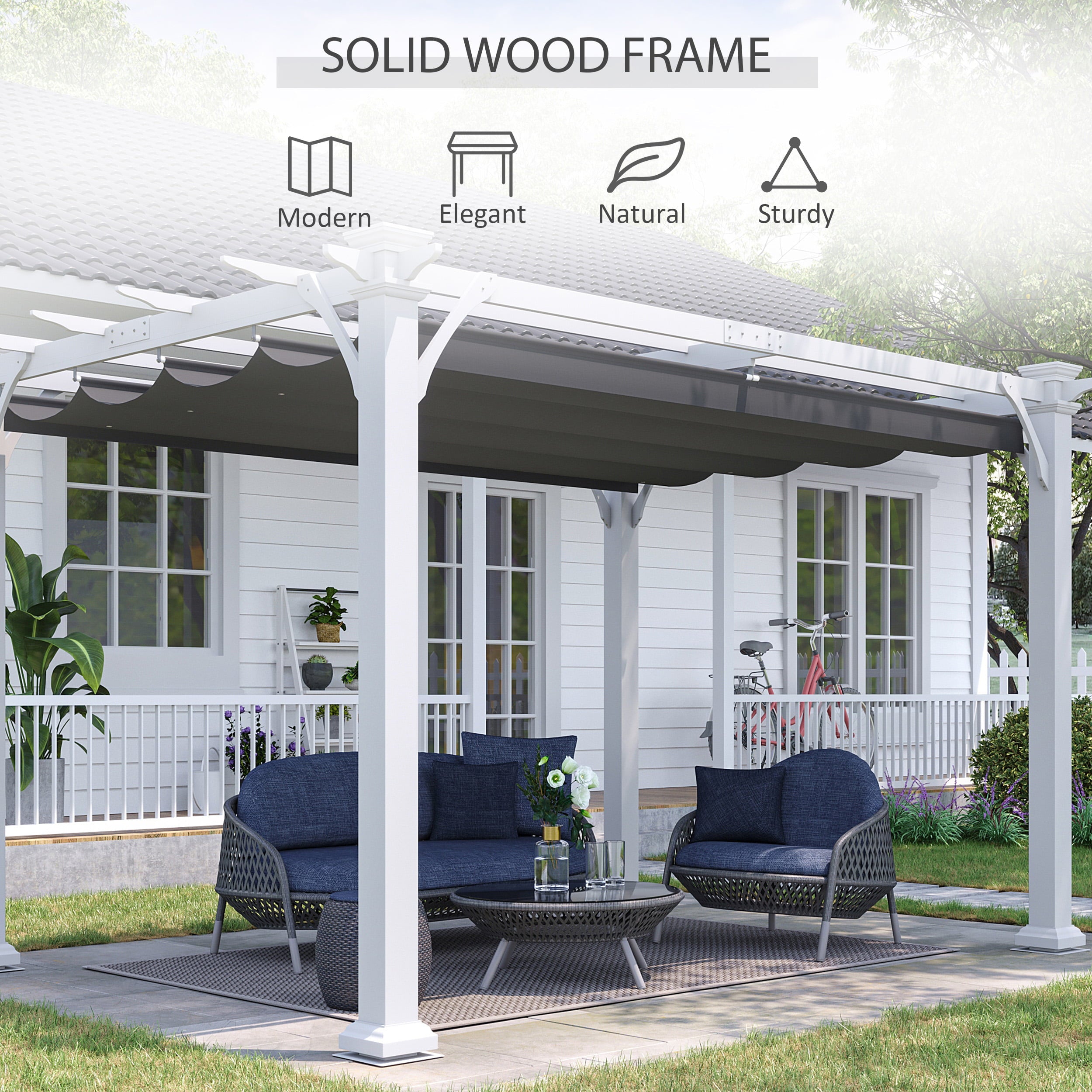 Outsunny 13' x 10' Wood Pergola with Retractable Canopy, Sun Shade Shelter