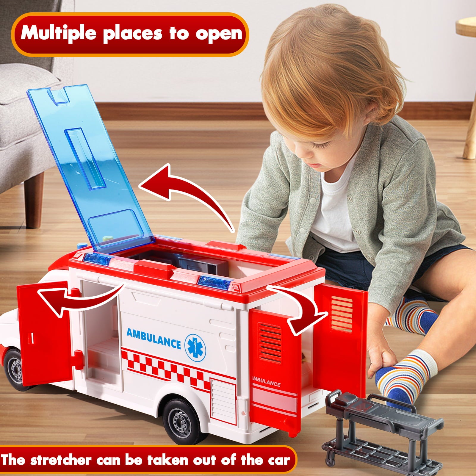 NETNEW Ambulance Toy Car with Light and Siren Sound Effects - Friction Powered Wheels and LED Lights Toys for Boys 3-6 Years