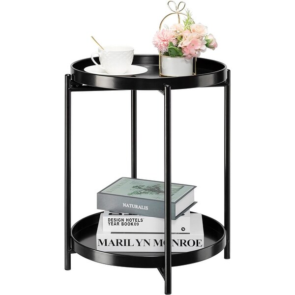 2 Tier Metal Side Table，End Table Outdoor Side Table Small Accent Table，AntiRust Green Nightstand for Bedroom Balcony Patio