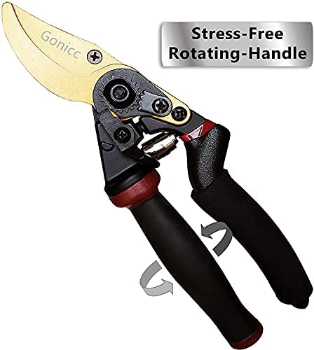 gonicc 8.5" Professional Rotating Bypass Titanium Coated Pruning Shears(GPPS-1014), Secateurs, Scissors, Pruners with Heavy Duty SK5 Blade. Soft Cushion Grip Handle for Everyone.