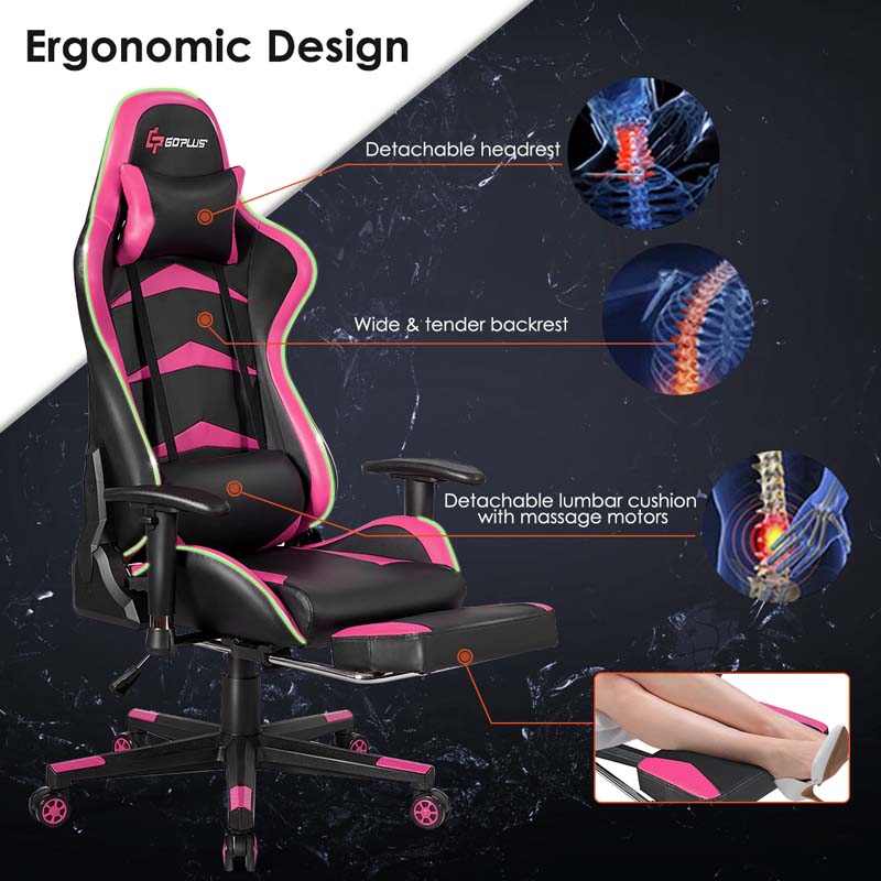 LED Massage Gaming Chair, Height Adjustable Racing Computer Office Chair with Footrest, Ergonomic High Back PU Swivel Game Chair