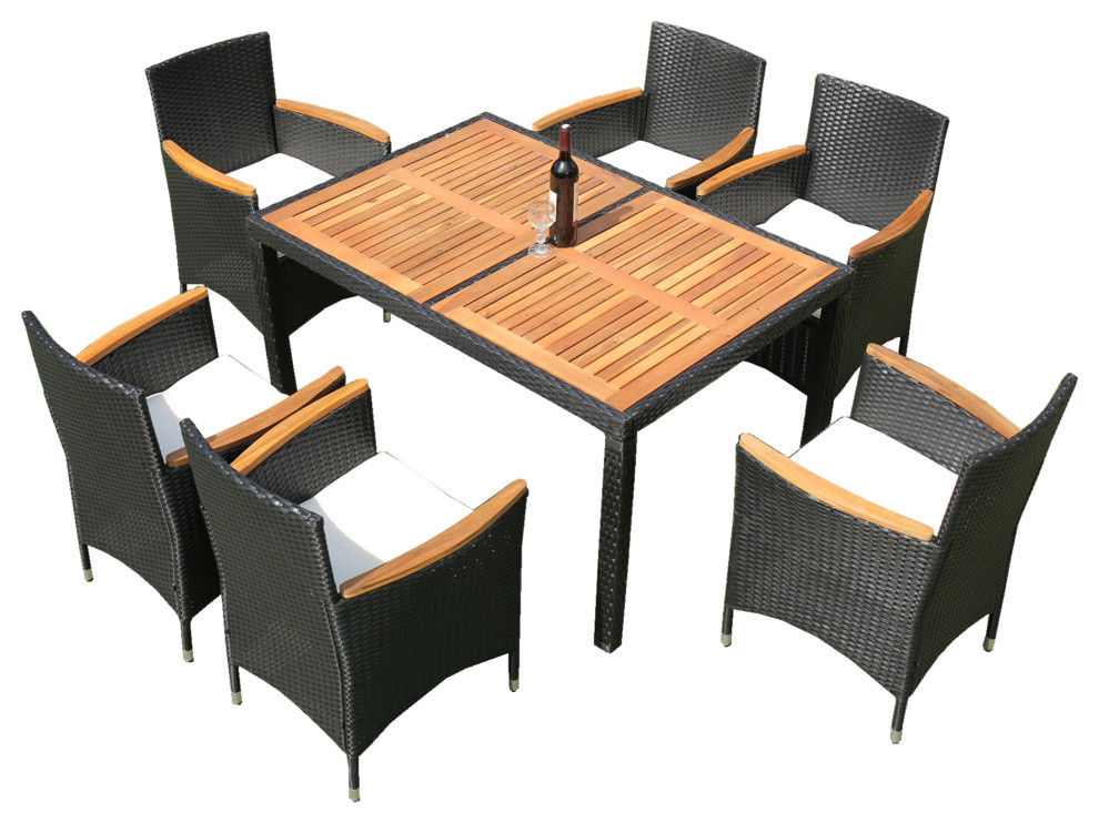 7 Pieces Outdoor Patio Wicker Furniture Dining Table Set With 6 Stools   Tropical   Outdoor Dining Sets   by AquaView Inc  Houzz