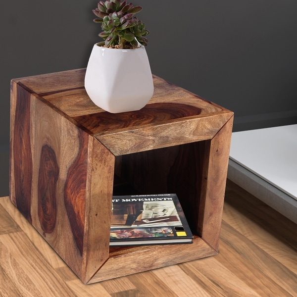 Cube Shape Rosewood Side Table With Cutout Bottom， Brown - 8' x 10'