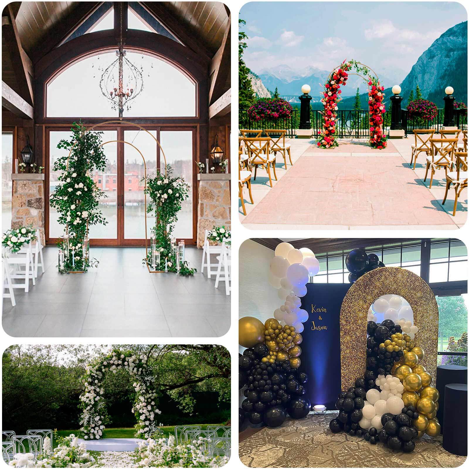 Gold Metal Round Top Double Arch Wedding Backdrop Stand, Flower Balloon Frame Ceremony Arbor 8ft Tall