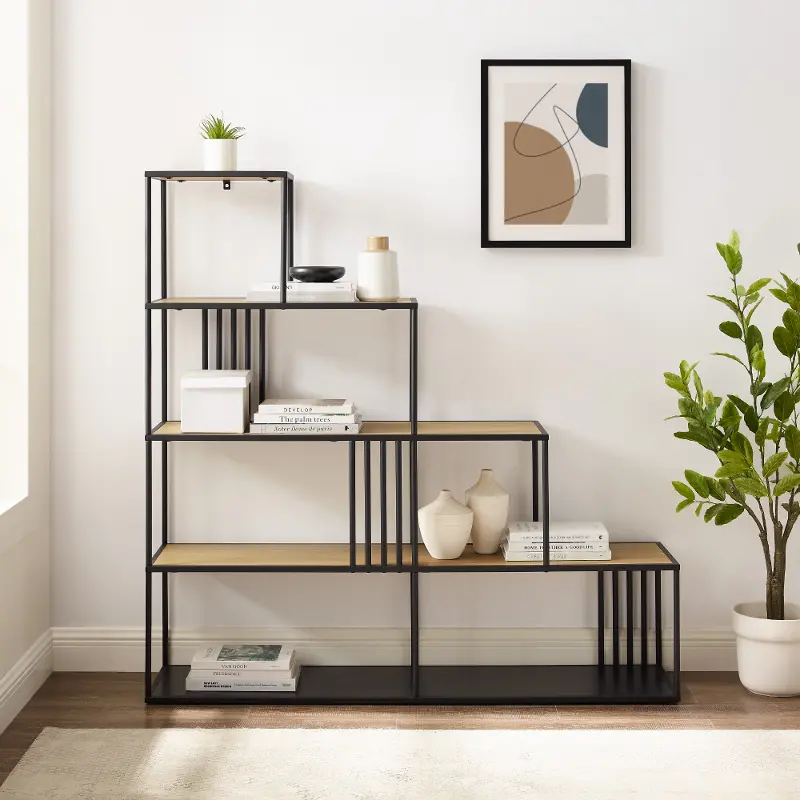 Vulcan Coastal Oak and Black Staircase Shape Bookshelf