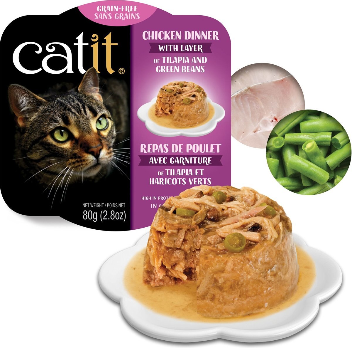 Catit Dinner Chicken w/Tilapia and Green Beans Cat Wet Food， 2.8-oz can