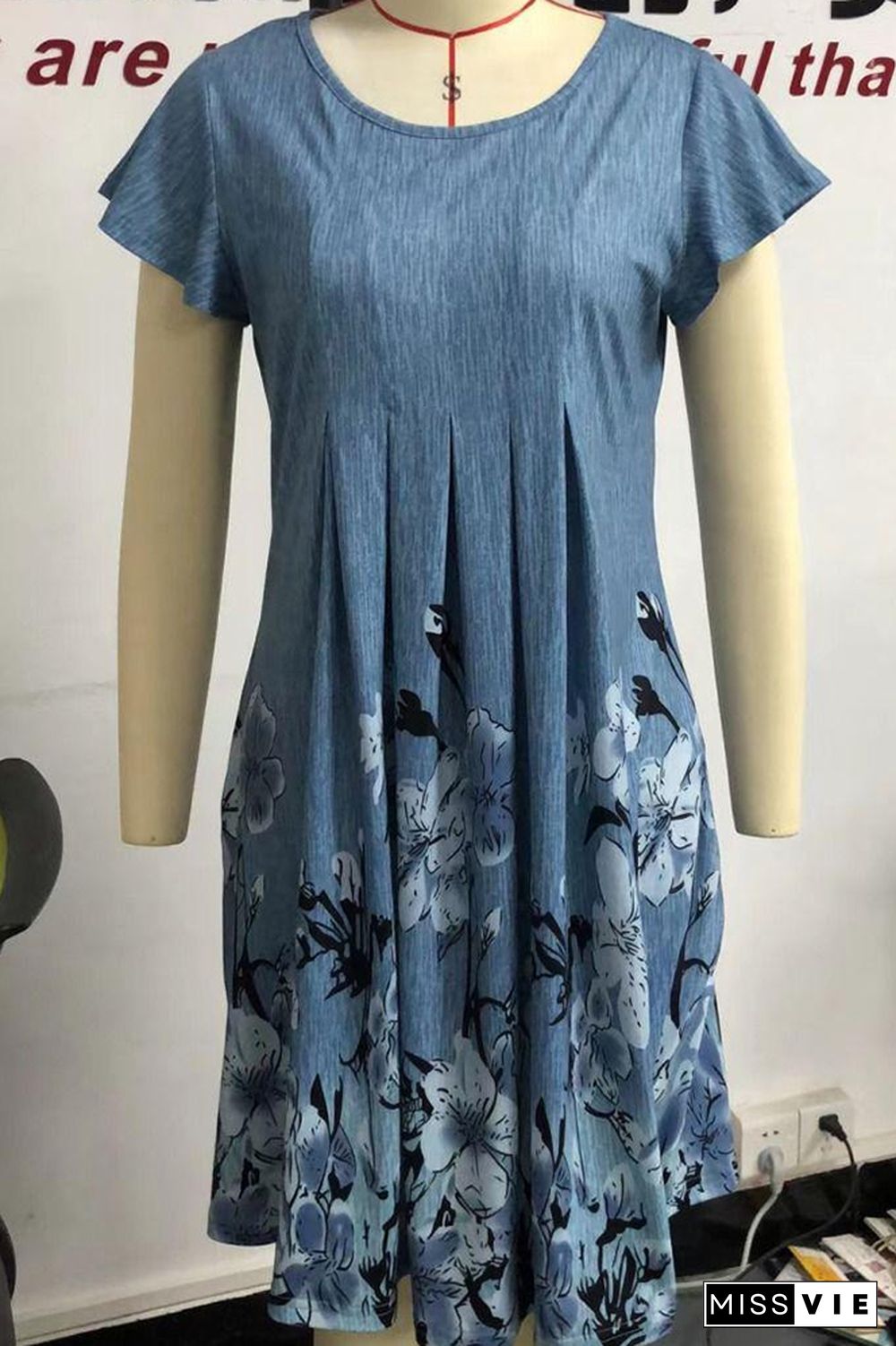 Blue Smocked Floral Long Dress