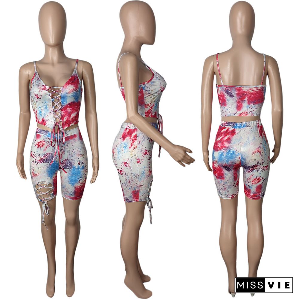 Printed Sexy Slim Short Top Pants Tie Set