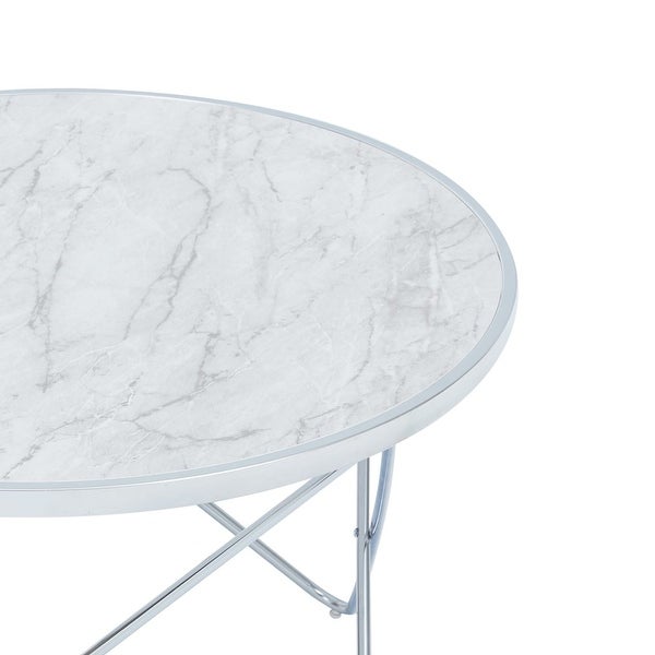 Margo Small Round Faux White Carrara Marble Coffee Table， White