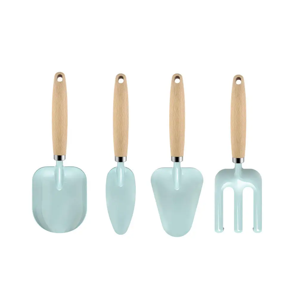 4PCS Kids Gardening Tools Set Mini Garden Tools Kit Herramienta Kids Garden Tools Shovel Rake Wooden Handle Light Blue