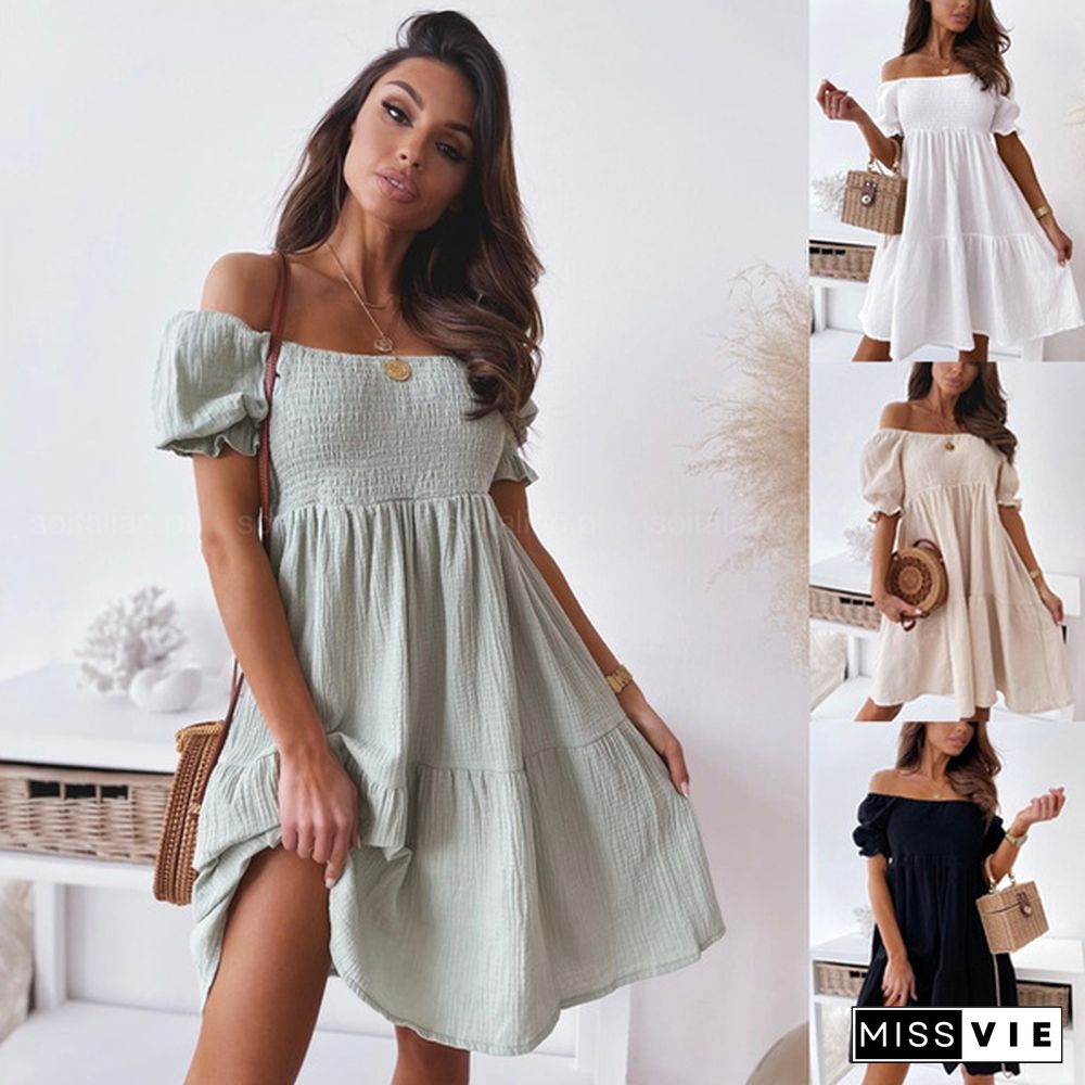 Summer Women Casual Dress Slash Collar Off Shoulder Dress Plus Size Mini Women Dress