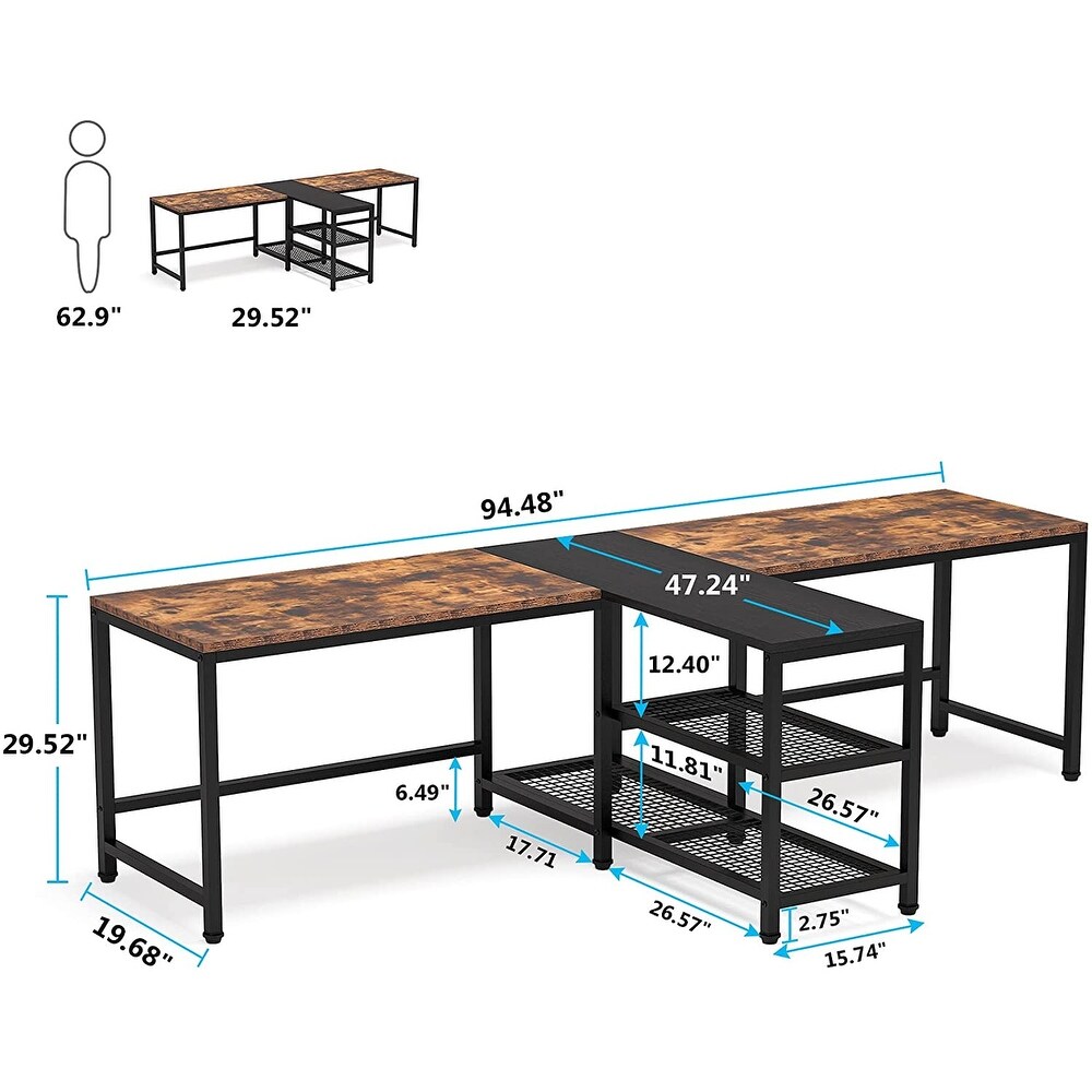 94.5 inch Double Computer Desk with Storage Shelves  Two Person Desk