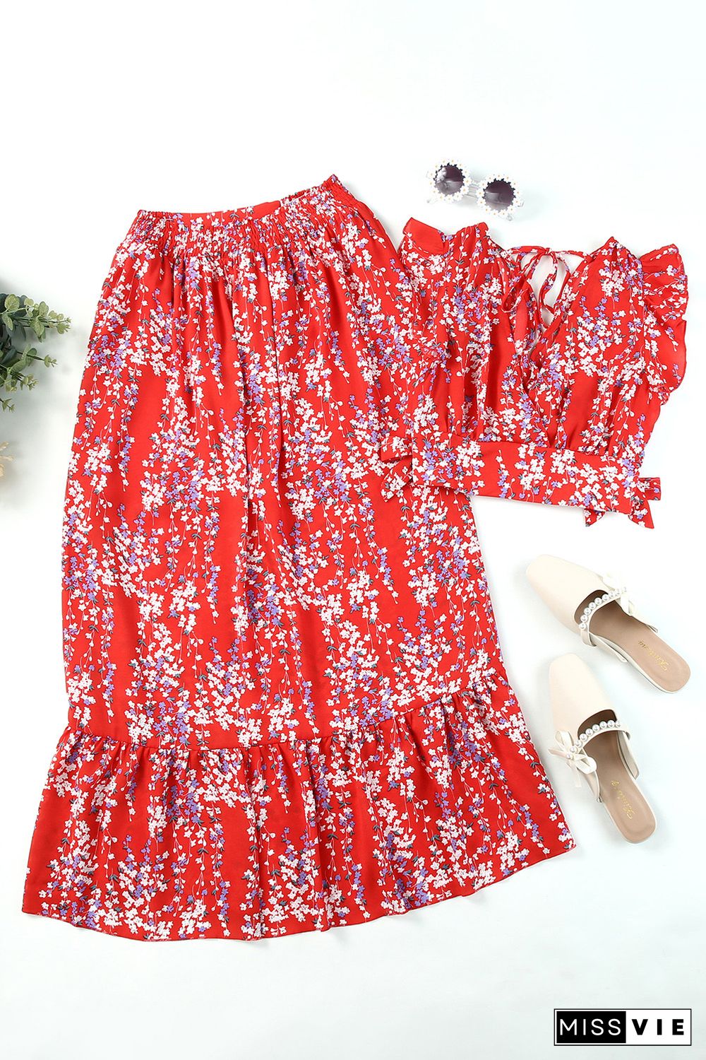 Red Multicolor Floral Ruffled Crop Top and Maxi Skirt Set