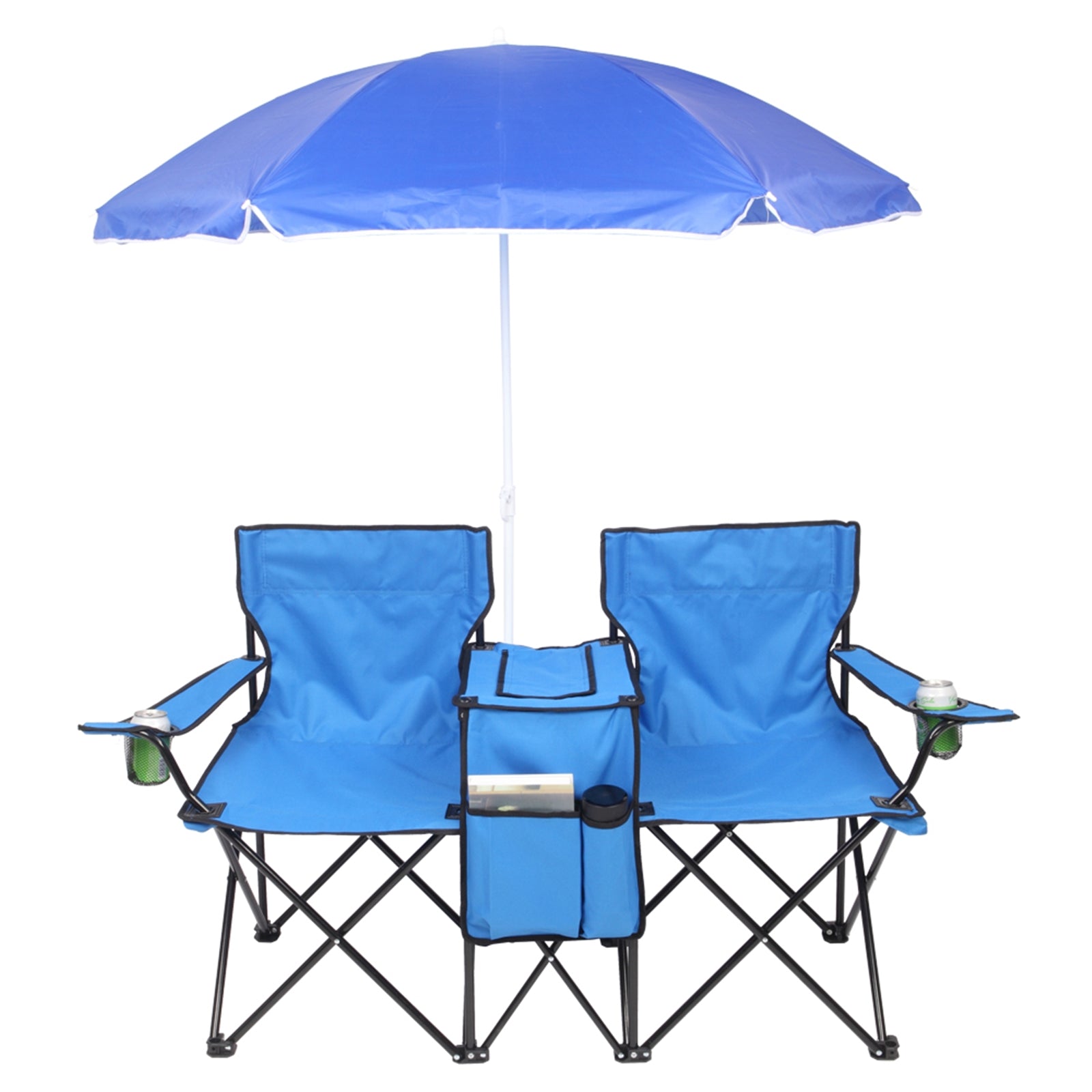 Lowestbest 2Pcs Outdoor Folding Chair， 2-Seat Portable Camping Chair with Sun Umbrella Cooler Bag， Blue