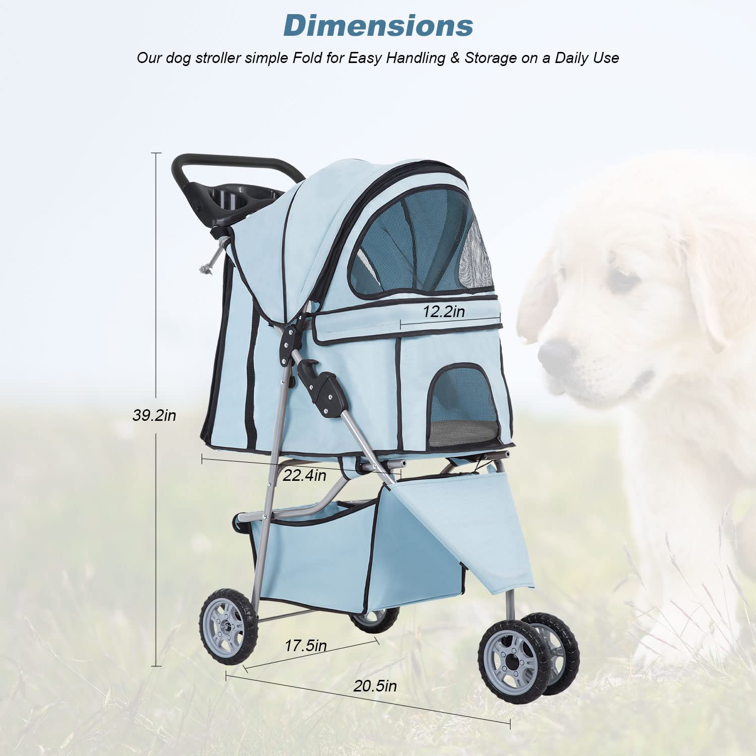 BestPet 3 Wheels Pet Stroller Folding with Cup Holder and Removable Liner，Light Blue