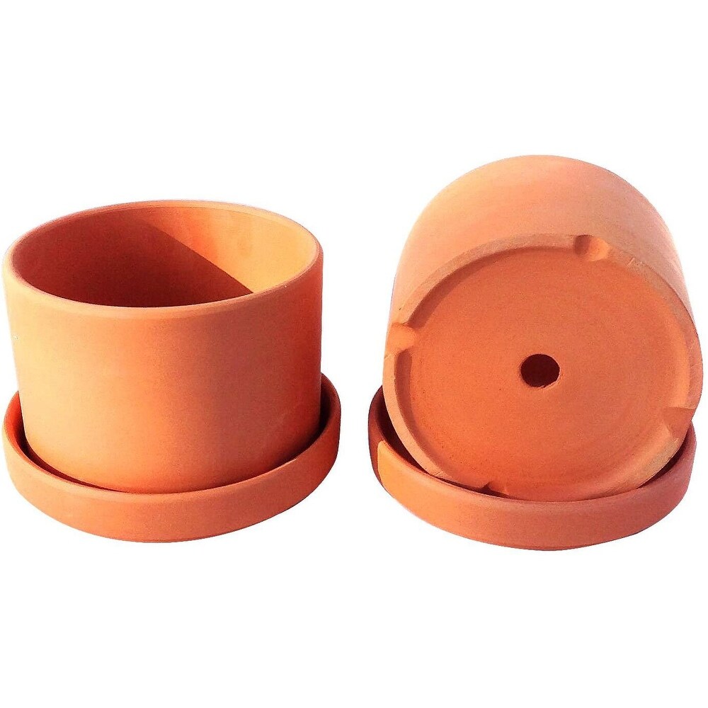 Set of 2 Terracotta Round Fat Walled Garden Planters with Individual Trays  2 SIZES AVILABLE