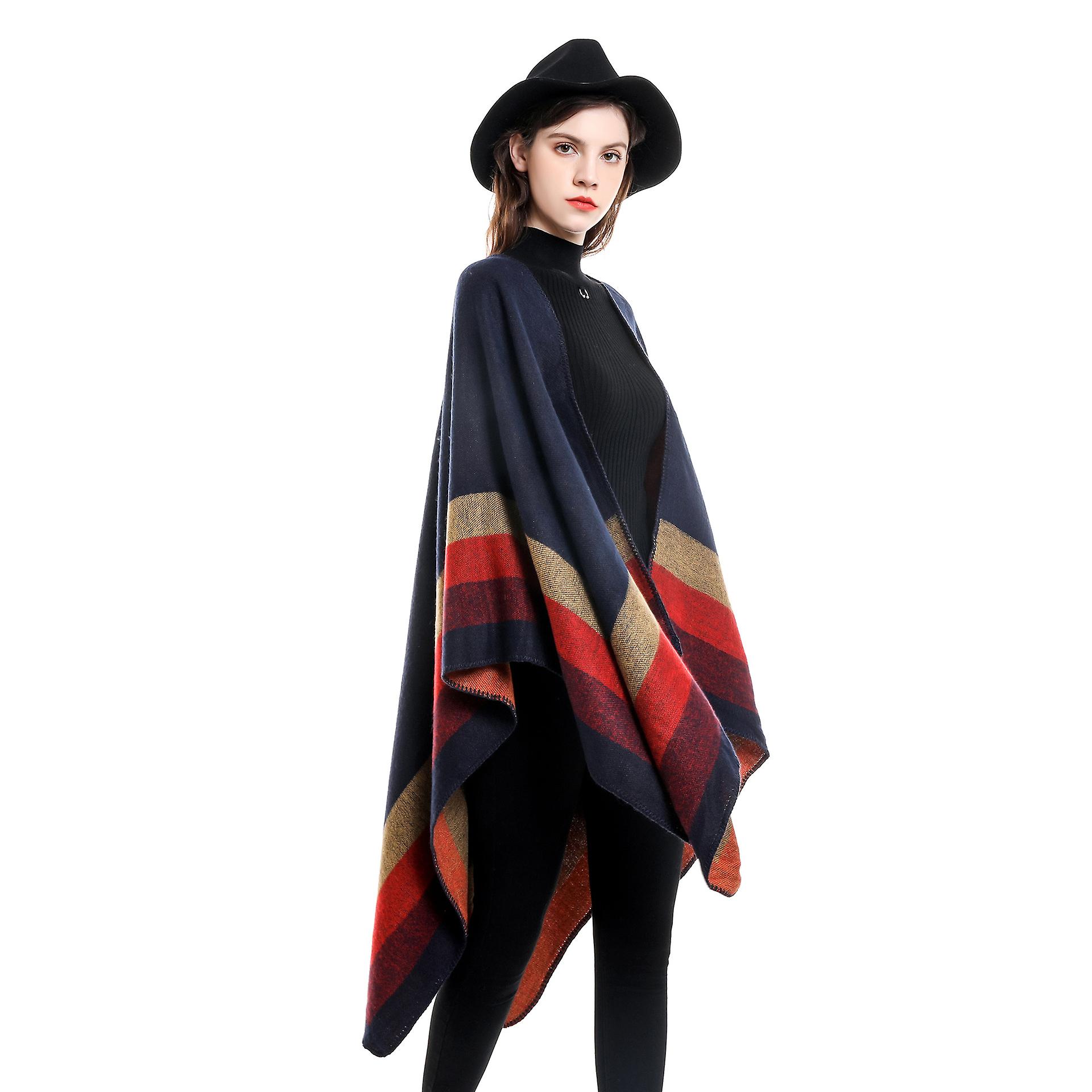 Women's Trendy Cashmere Stripe Pattern Wrap Shawl Cardigan Poncho Cape Scarf