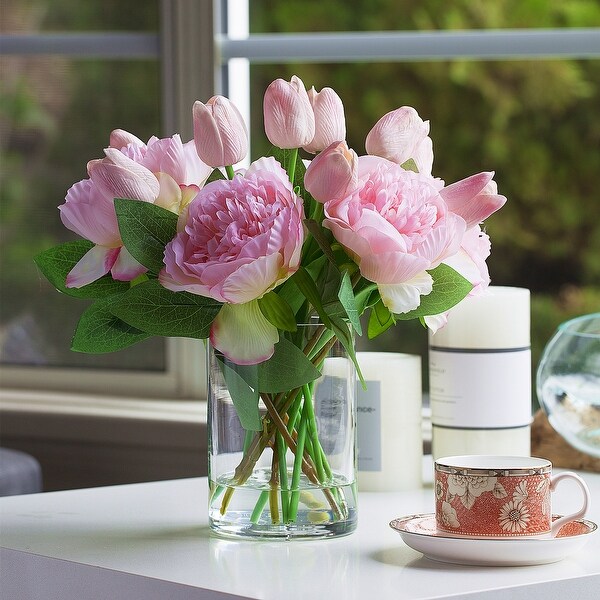 Enova Home Mixed Artificial Real Touch Tulip and Peony Fake Flowers Arrangement in Cylinder Glass Vase for Home Decór