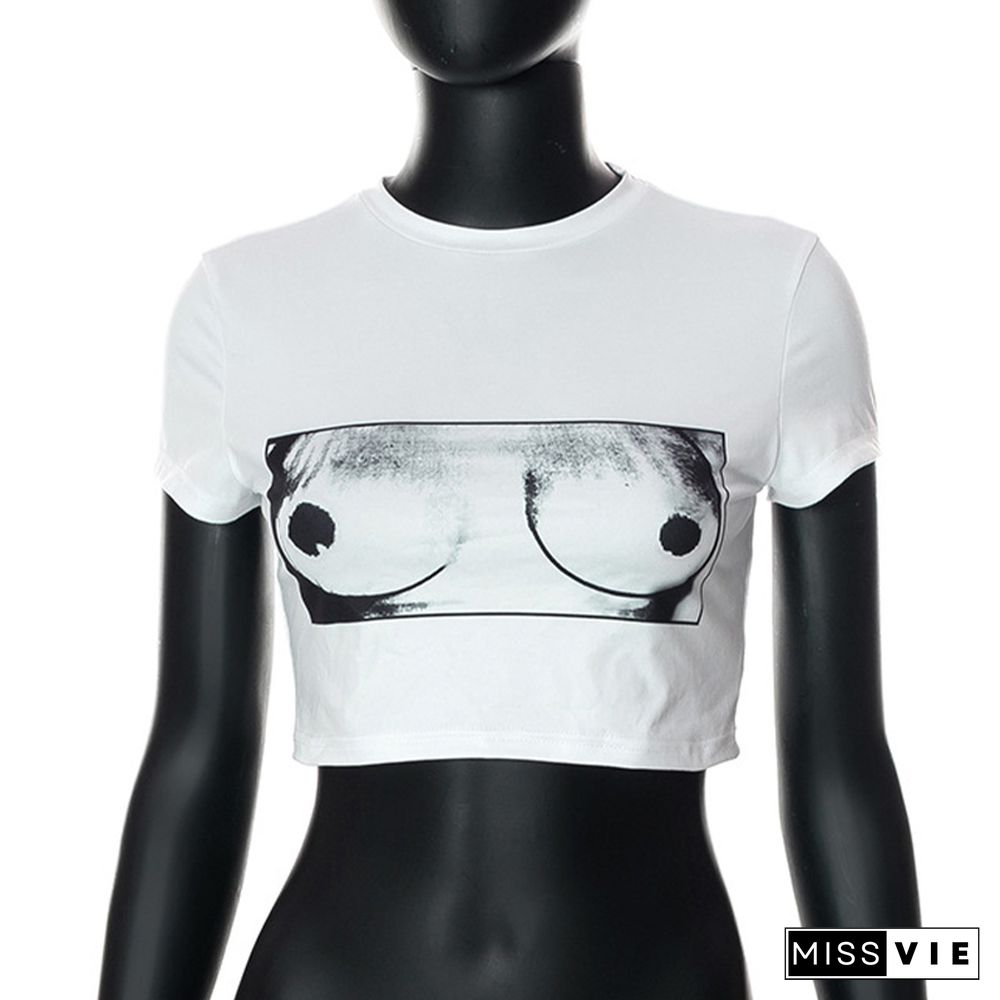 Round Collar Print Crop Top T-Shirt