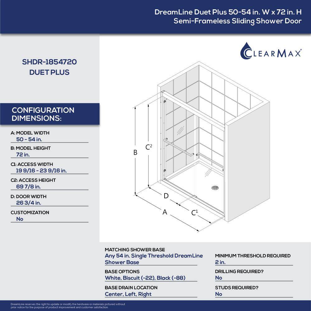 DreamLine Duet Plus 50 in. - 54 in. W x 72 in. H Sliding Semi Frameless Shower Door in Satin Black SHDR-1854720-09