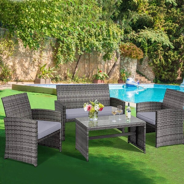 Costway 4PCS Patio Rattan Furniture Set Conversation Glass Table Top