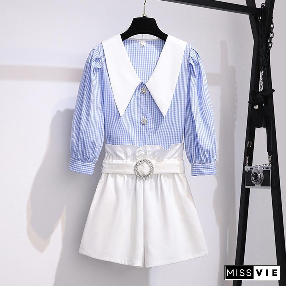 Plaid Ruffle Collar Blouse+Shorts P13945