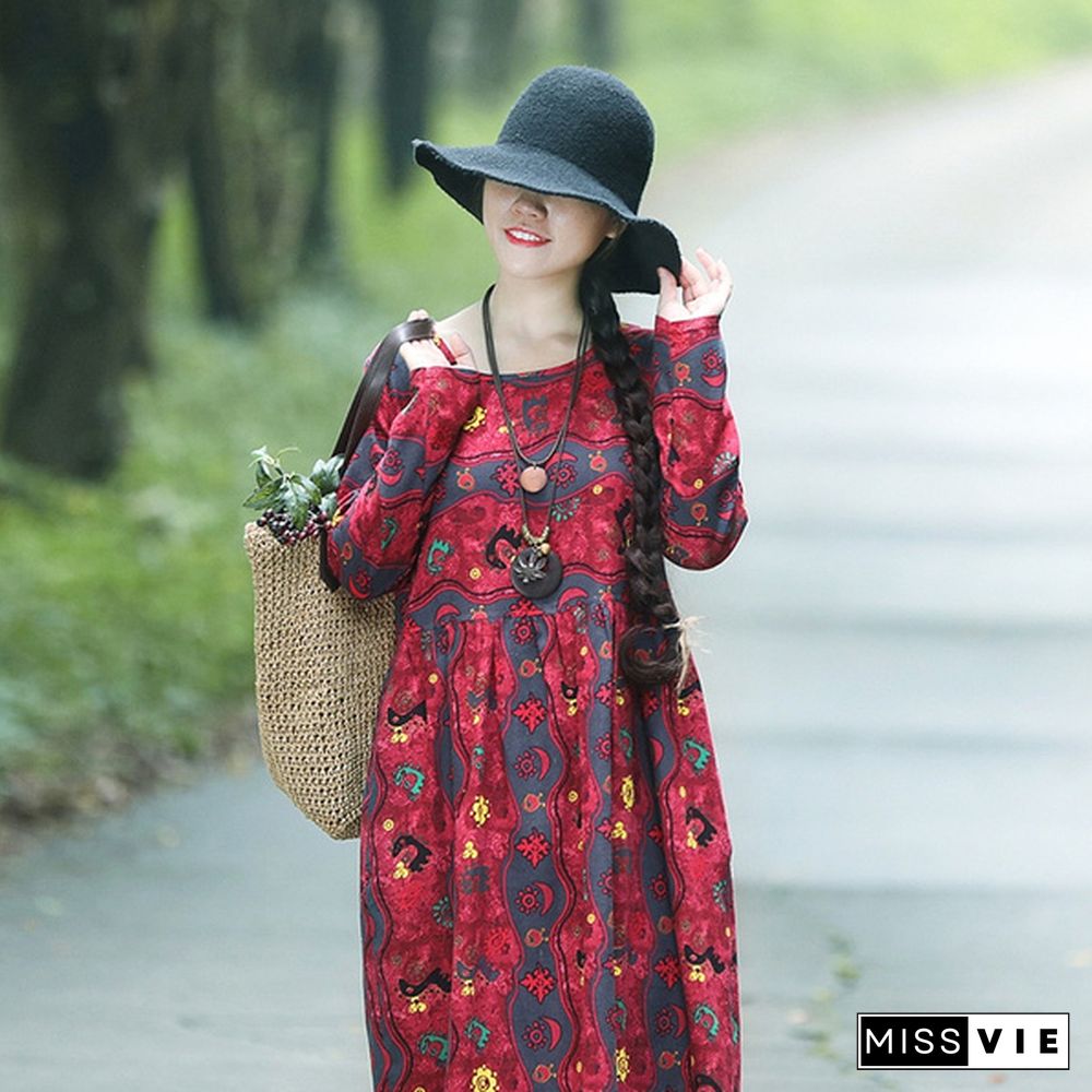 New Arrival Women's Fashion Clothing Spring and Autumn Folk Style Linen Defined Waist Loose Full Dress Printed Long Sleeve Dress