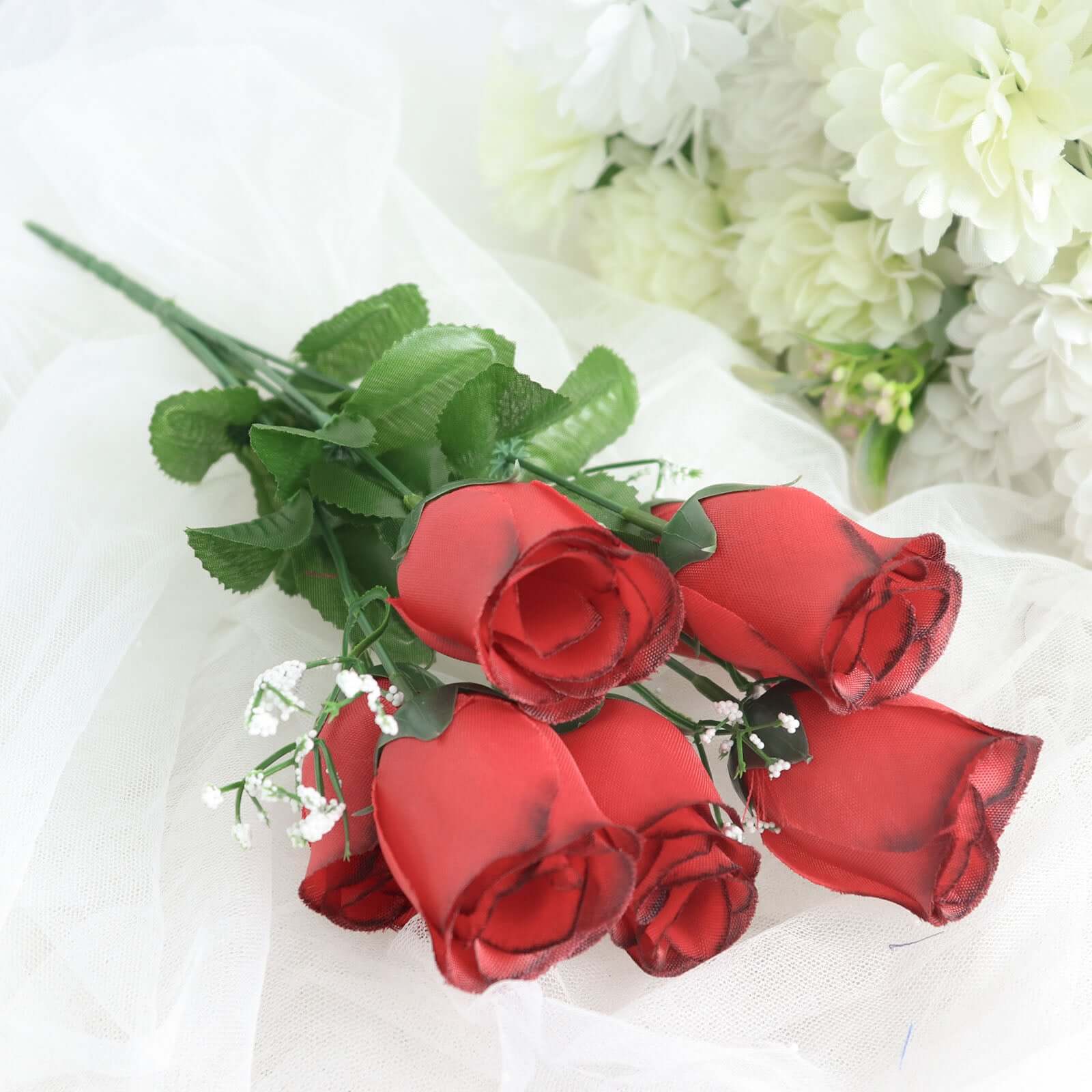 12 Bushes Red, Black Artificial Premium Silk Flower Rose Bud Bouquets